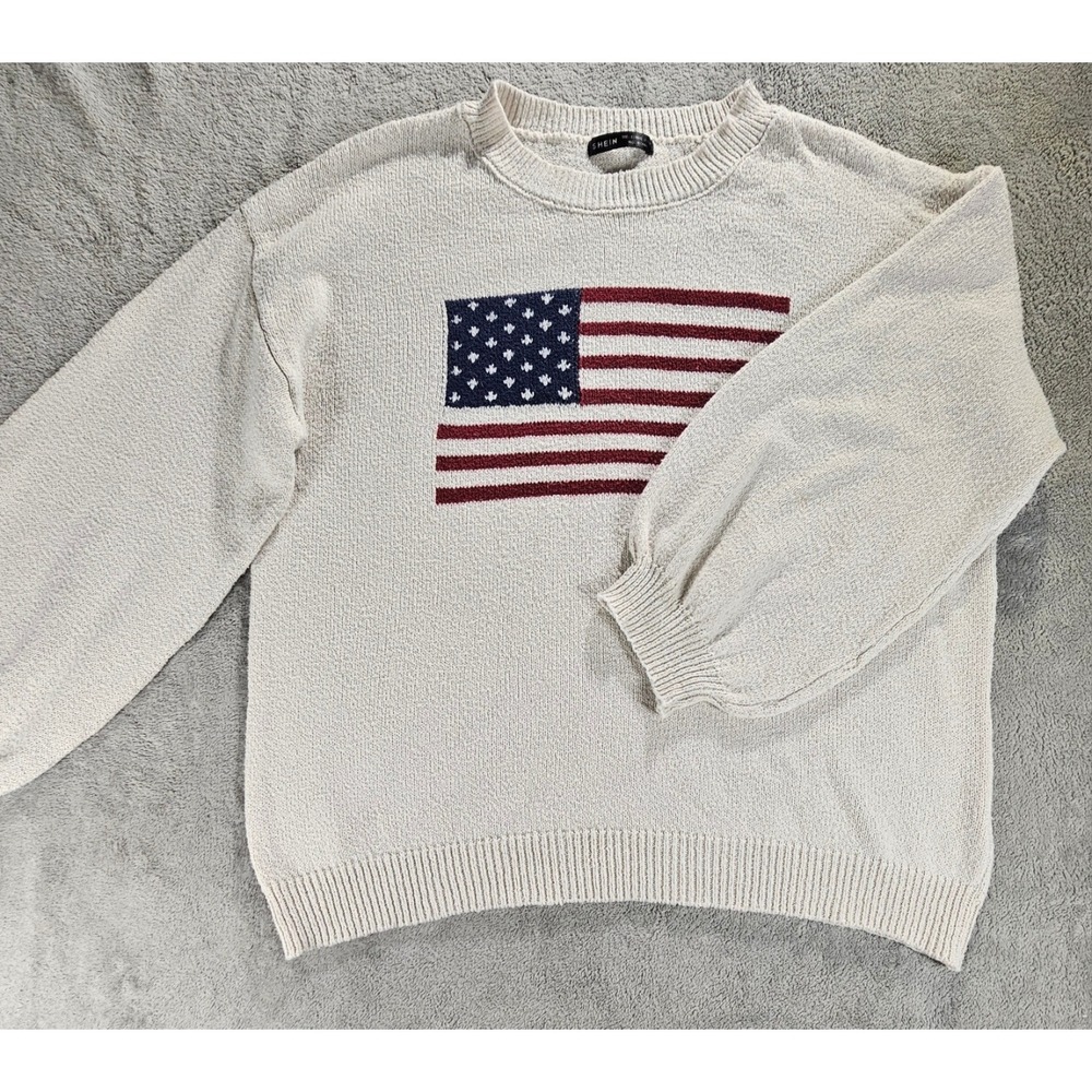 SHEIN Womens American Flag Oversized Knit Sweater Cream Crewneck USA Graphic XL